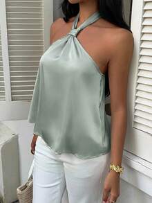 MainGRL Mint Green Satin Halter Neck Backless Blouse For Women, Summer,Summer Top - Mint Green - View 6