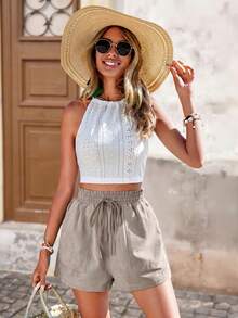 Brillora Women's Solid Color Frill Trim Drawstring Waist Pocket Casual Shorts - Light Grey - View 5