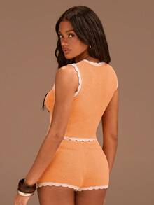 Athîral 女士时尚单排扣针织背心和休闲针织口袋短裤两件套 - 彩色 - 查看 2