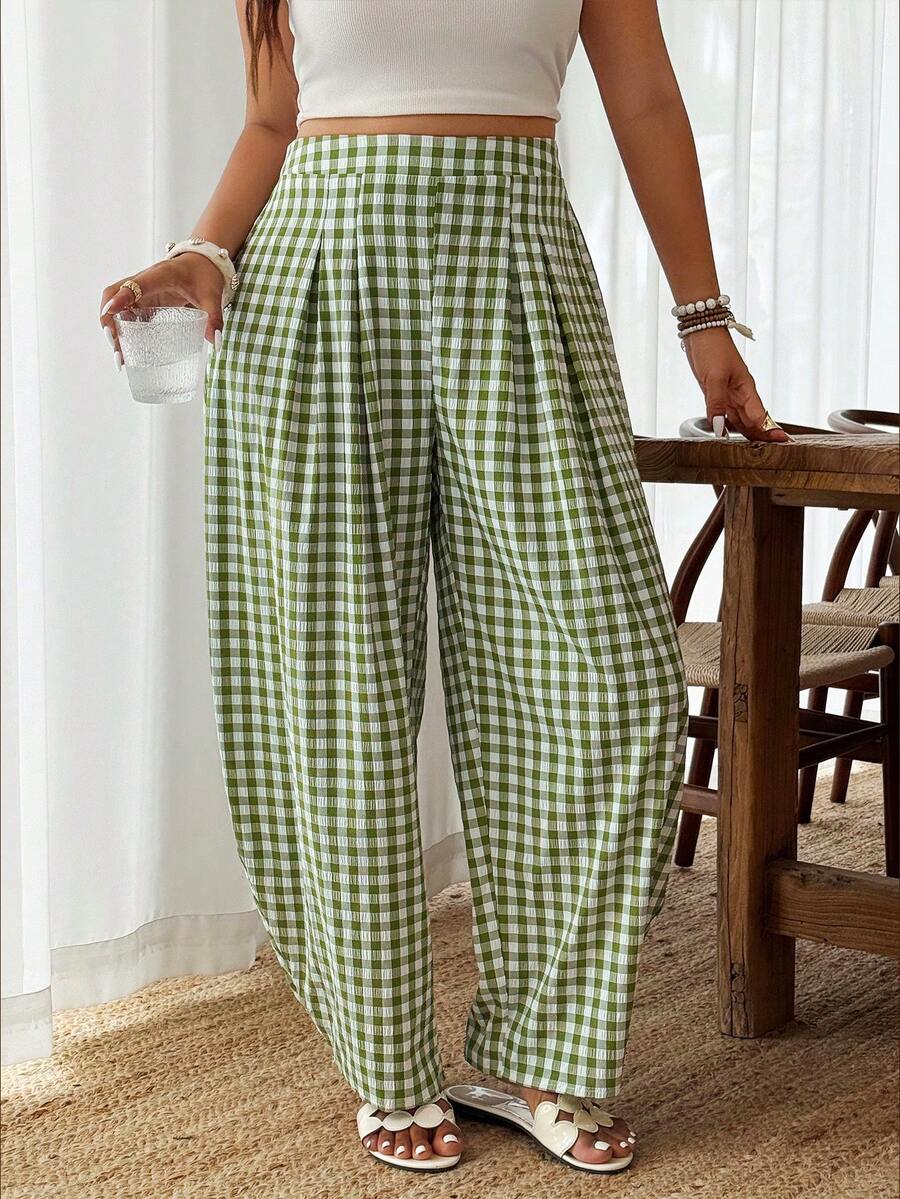 SHEIN LUNE Plus Size Women's Casual Vacation Pleated Plaid Pants, Suitable For Daily Wear And Vacation - Multicolor - View 1
