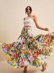 LOTSLUV Falda plisada con estampado floral tropical en toda la prenda, adecuada para vacaciones de primavera/verano - Multicolor - Ver 4