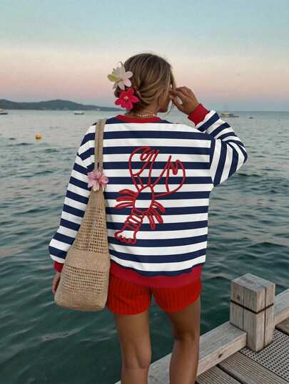 SHEIN EZwear Women's Casual Striped Lobster Print Relaxed Graphic Crew Neck Long Sleeve Sweatshirt, Suitable For Vacation And Summer