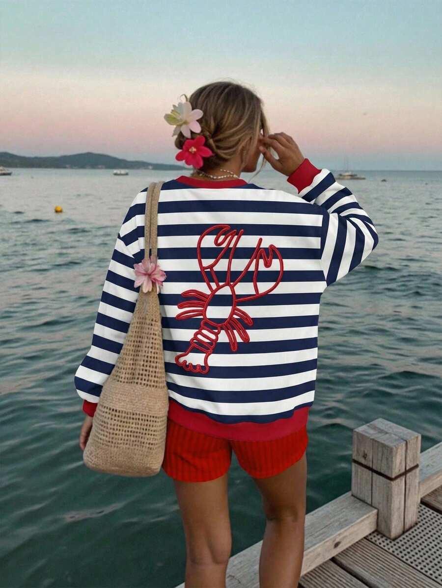 SHEIN EZwear 女士休闲条纹龙虾印花宽松圆领长袖卫衣，适合度假和夏季穿着 - 彩色 - 查看 1