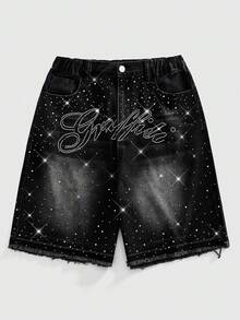 ROMWE MEN Street Life Quần short denim dáng rộng, họa tiết chữ đính đá, gấu quần tua rua, thích hợp cho bé trai tuổi teen, phong cách mùa hè. - màu đen - Xem 1