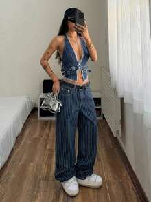 SHEIN 女士夏季毛边条纹吊带牛仔上衣 - 彩色 - 查看 4