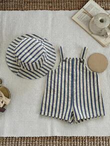 SHEIN Bộ quần yếm và mũ tai bèo kẻ sọc mùa hè cho bé trai/bé gái, trang phục thường ngày thoải mái ở nhà, đi chơi, đi biển. - Nhiều màu - Xem 5