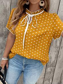 SHEIN Clasi Áo kiểu nữ cỡ lớn in chấm bi, cổ buộc dây, tay ngắn, viền bèo nhún. - Màu vàng - Xem 6