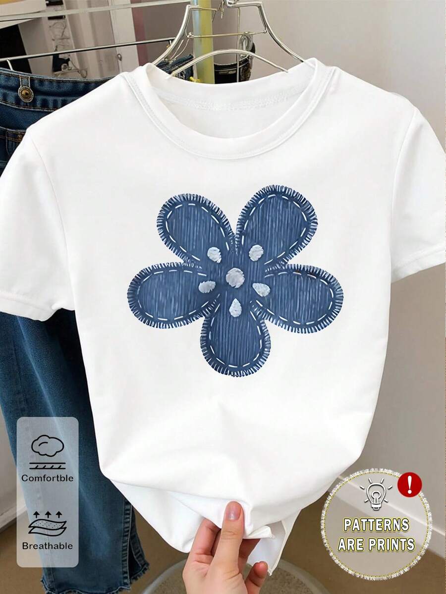 Áo thun ngắn màu trắng cơ bản, chất liệu denim xanh, in họa tiết hoa, phong cách thường ngày, sáng tạo, cá tính, tươi mới, cao cấp, thích hợp cho mùa xuân và hè, thoải mái cho bé gái tuổi teen. - trắng - Xem 1