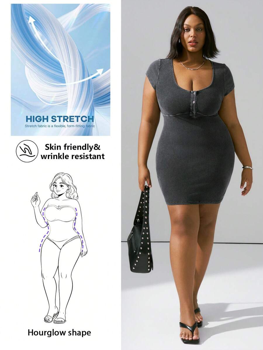 CurvyTilda Plus Size Solid Color Minimalist Casual Short Sleeve Dress, For Hourglass Body Shape, For Summer - Black - View 1