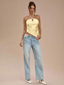 SHEIN BAE Blusa elegante sin espalda con cuello halter en color albaricoque y blanco para mujer, top satinado sexy y elegante, para primavera/verano - Amarillo - Ver 5