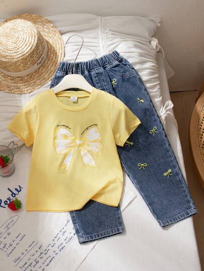 Genkimix Kids Bộ đồ mùa hè mới cho bé gái: Áo thun cổ tròn tay ngắn in nơ, quần dài denim thêu nơ, kiểu dáng thường ngày thoải mái và sành điệu.