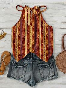Rusticease Áo tank top cổ yếm họa tiết hoa sọc nhuộm tie-dye dành cho nữ, thích hợp cho mùa xuân và mùa hè. - Nhiều màu - Xem 2