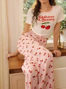 SHEIN Conjunto de pijama para mujer con pantalón de cuadros y estampado de cerezas, de ajuste ceñido y manga corta - Blanco - Ver 6
