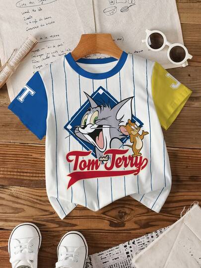 TOM & JERRY X SHEIN Camiseta de manga corta de estilo casual y de moda para niño, con estampado de rayas y letras de dibujos animados en contraste de colores, para uso diario y paseos, verano