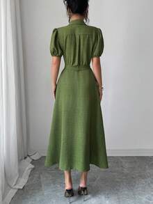 Elenzga 泡泡袖V领收腰A字裙优雅浪漫精致女士连衣裙 - 軍綠色 - 查看 2