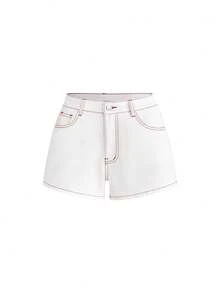 Sweetness Cute Casual Bowknot & Cherry Embroidery Contrast Color Pocket Denim Shorts For Girls - White - View 2