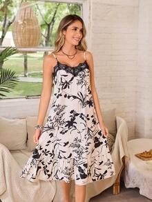 Serenescape Floral Print Lace Collar Slip Dress For Women, Vacation Style - Beige - View 5