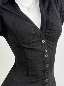 Flirla Women's V-Neck Fitted Waist Pleated Textured Fabric Blouse, Professional Wear, Summer, Button Closure Golf Pastal Sexy - Black - View 6