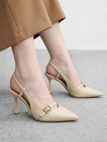 CUCCOO BIZCHIC 女士米色露跟高跟鞋，尖头金属方扣细高跟凉鞋，通勤百搭鞋 - 杏色 - 查看 4