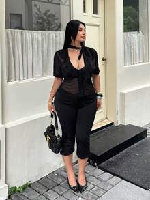 Sunnyshic Áo kiểu nữ gợi cảm cổ chữ V sâu, chất liệu lưới co giãn, phong cách đường phố sành điệu. - màu đen - Xem 4