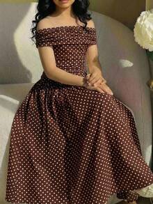 SHEIN Vintage Polka Dot Off-Shoulder Maxi Dress For Tween Girl, Smooth Fabric Design (Off-Shoulder Ruffle + Waist Pleats + Flared Skirt, Brown Base With White Polka Dot Print), Soft Material Suitable For Spring, Summer & Autumn, Classic Polka Dot Element + Elegant Off-Shoulder Silhouette Fit For Daily Wear, Birthday Party, Date, Fitted But Not Tight, Easy To Style, Creates A Retro Feminine Look - Brown - View 8