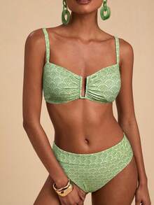 Travachic Set Pakaian Renang Wanita untuk Liburan Pantai dengan Motif Cetak Seluruh Permukaan, Bikini Musim Panas - Mint Green - View 1