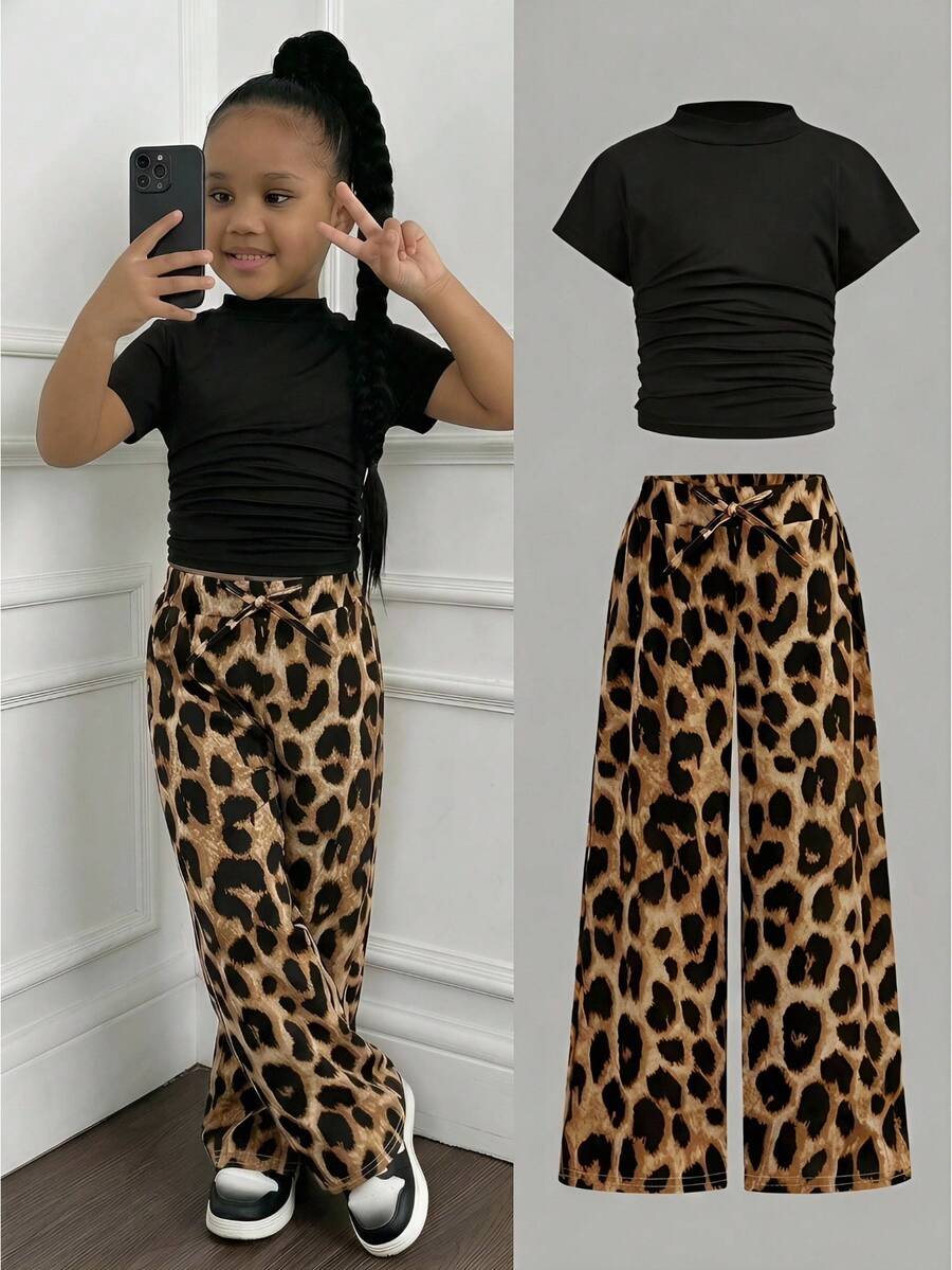 SHEIN Young Girls' Casual Summer Vacation Black Fitted Pleated Short Sleeve Top And Leopard Print Pants Set - Black - View 1