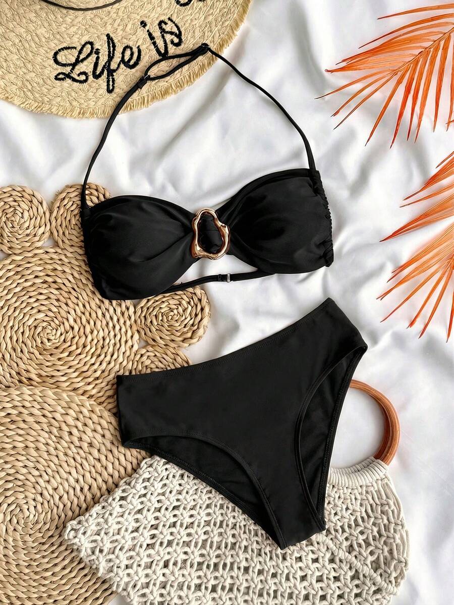 SHEIN Teen Girl Solid Color Strapless Tie Metallic Jewelry Bikini Set For Summer,Bathing Suit Set/Beach Outfit/Swim Suits Two Pieces/Bathing Teens - Black - View 1