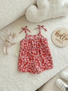 SHEIN 新生女宝宝可爱夏季碎花连体衣 - 紅色 - 查看 6