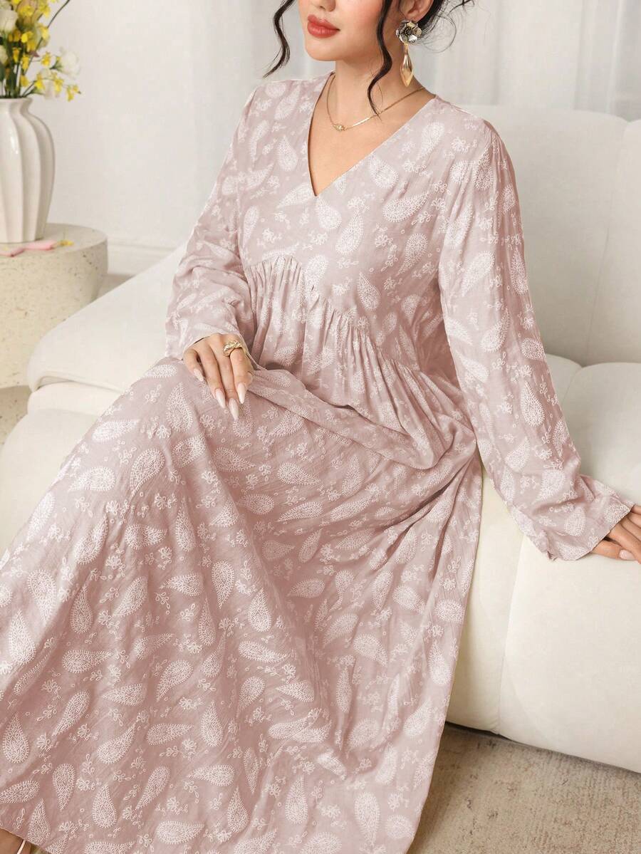 Al Najma Gaun Gaya Arab Model A-Line Lengan Panjang Berkerah V dengan Motif Retro Terbaru dan Pinggang Tinggi - Berwarna merah muda - View 1