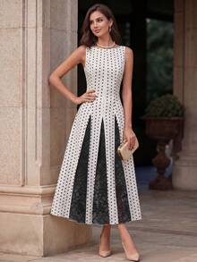 Modelyn Đầm nữ màu mơ dệt chấm bi, cổ môi, không tay, dáng chữ A, phối ren, thanh lịch, lãng mạn, dài ngang gối, thích hợp cho mùa xuân/hè. - Màu be - Xem 5