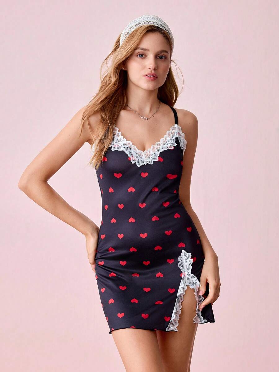 Bonmuse Contrast Lace Trim Heart Print Camisole Nightgownfor Summer - Black - View 1