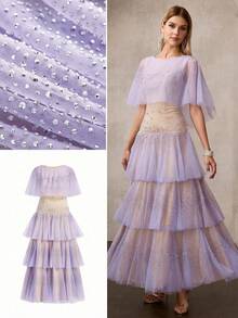 MOTF PREMIUM Đầm dạ hội xếp lớp lưới đính hạt cườm mới dành cho nữ, đầm maxi voan mỏng nhẹ với viền bèo nhún, đầm dạ hội cao cấp dành cho sàn diễn thời trang. - Màu tím hoa cà - Xem 1