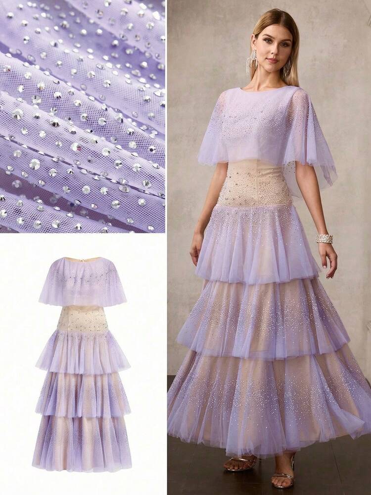 WOMEN'S NEW MESH BEADED LAYERED FORMAL DRESS, ETHEREAL SHEER RUFFLE HEM MAXI DRESS, HIGH-END GALA RUNWAY EVENING GOWN