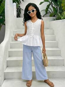 Sparklyn 两件套少女吊带背心衬衫（带蝴蝶结纽扣）和长裤套装 - 白色 - 查看 6