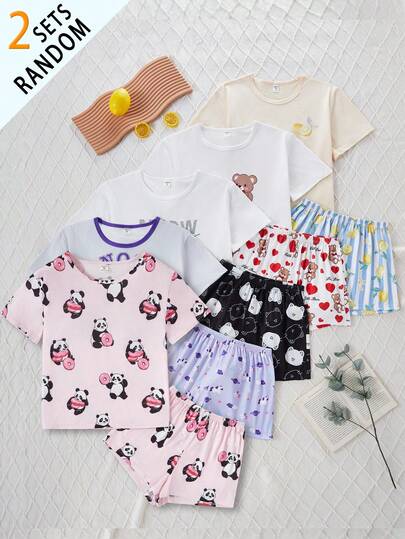 Set de 4 piezas de pijama con pantalones cortos y camiseta de manga corta con estampado minimalista de gato negro para mujeres y adolescentes (entrega aleatoria: 2 camisetas de manga corta + 2 pantalones cortos)