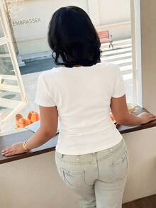 Easura Áo thun nữ cỡ lớn kiểu dáng thường ngày gợi cảm, phối ren, cổ chữ V sâu, thiết kế nơ. - trắng - Xem 2