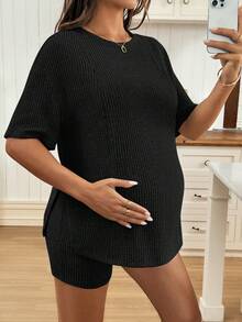 SHEIN 两件套孕妇装：纯色圆领哺乳功能上衣和可调节腰围休闲短裤 - 黑色 - 查看 6