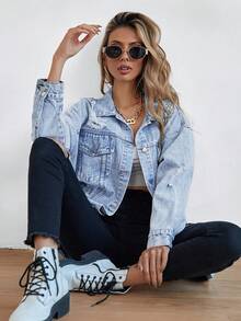 Selenza Plus Size Casual Washed Distressed Denim Jacket - Blue - View 9