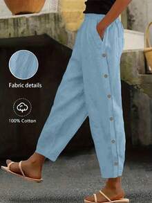 EMERY ROSE Women's Casual Solid Color Button Decor Pocket Pants - Baby Blue - View 1