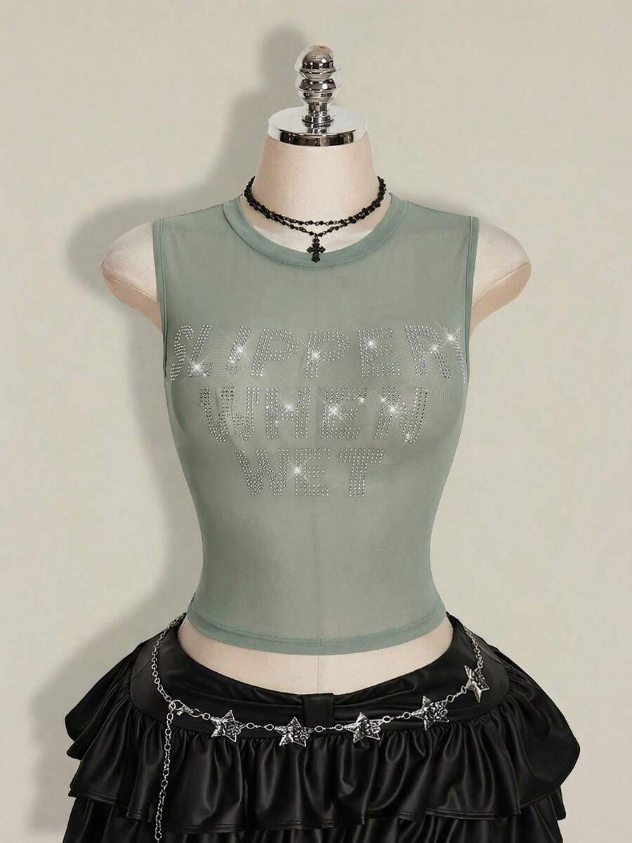 SHEIN ICON 加大码 Y2k 夏季黑色网纱透视性感水钻亮片女士水钻字母网纱露背紧身吊带背心 - 灰色 - 查看 1