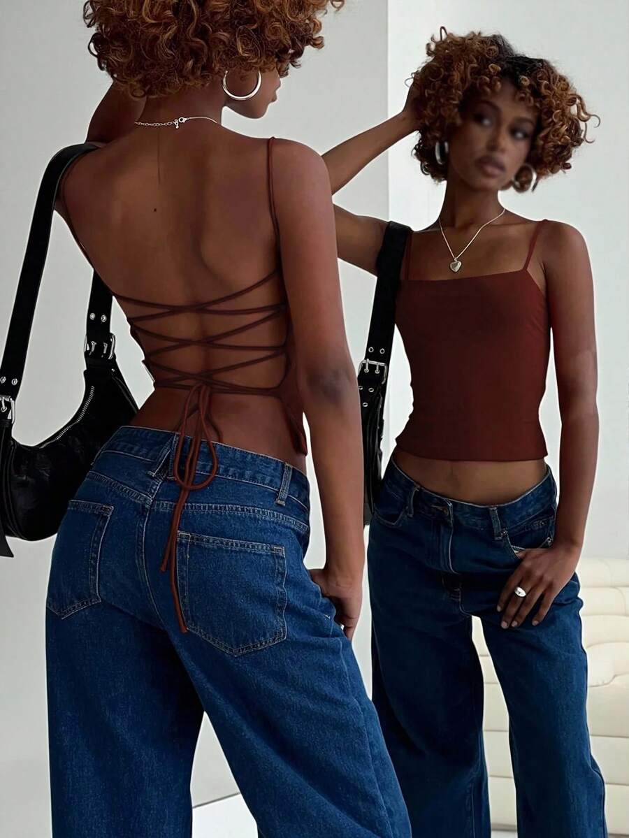 INAWLY 女士休闲度假风简约纯色系带露背修身短款吊带背心，夏季 - 咖啡棕 - 查看 1