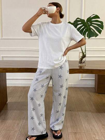 DAZY 条纹熊印花直筒宽松睡裤+超大T恤，青少年（女孩）休闲家居服套装