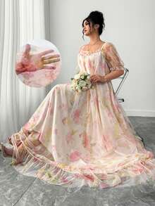 Elenzga Plus Size Women Elegant Woven Double Layer Embroidered Floral Sheer Bubble Short Sleeve Dress Fairy Gown For Women Beautiful Dresses For Plus Size Woman - Apricot - View 7