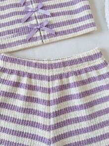 SHEIN Bộ đồ cơ bản 2 mảnh cho bé gái tuổi teen, gồm áo croptop không tay và quần short rộng, màu nâu trắng kẻ sọc, thích hợp cho kỳ nghỉ xuân/hè. - Màu tím - Xem 6