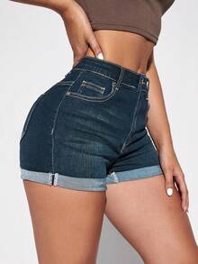 SHEIN Essnce Quần short denim nữ thời trang, gấu quần xắn, có túi. - Rửa tối - Xem 4