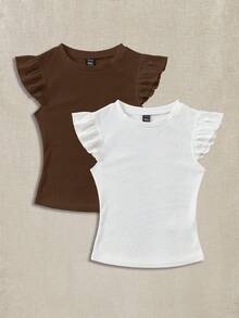 Soleia 2pcs Ribbed Fabric Round Neck Cap Sleeve Fitted T-Shirt Set,Summer Top - Multicolor - View 10