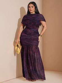 Vestido largo con estampado de talla grande con estilo envolvente, Vestido maxi elegante de mujer de cuello O morado fruncido con mangas transparentes, Vestido maxi de mujer con estampado de teñido anudado y superposición de malla con bajo de cola de sirena, Vestido maxi sofisticado de mujer con estampado morado y detalles fruncidos de manga larga - Multicolor - Ver 7