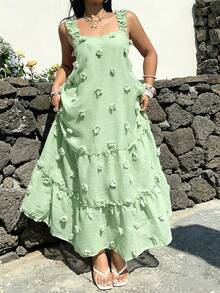 Sunnyshic 大码方领吊带A字连衣裙 - 綠色 - 查看 1