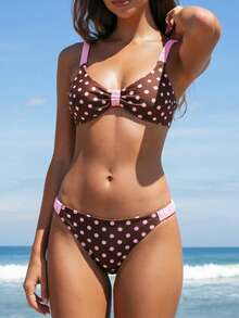 SHEIN Swim Mod 夏季女士两件套波点印花褶皱弹力吊带上衣和比基尼泳裤套装，沙滩度假泳装 - 彩色 - 查看 5